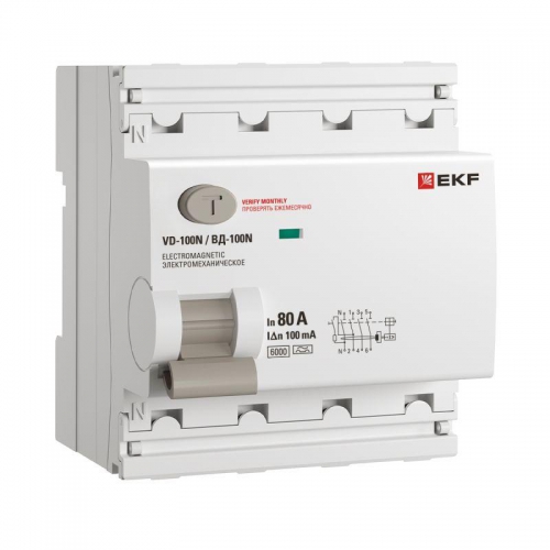 Выключатель дифференциального тока 4п 80А 100мА тип A 6кА ВД-100N электромех. PROxima EKF E1046MA80100 E1046MA80100