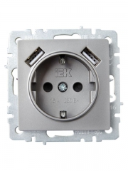 Розетка BRITE РЮш10-1-БрС 16А с USB A+A 2.1А с заземл. защ. шторки сталь IEK BR-R14-16-U21-D21-K46 BR-R14-16-U21-D21-K46