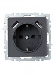 Розетка BRITE РЮш10-1-БрГ 16А с USB A+A 2.1А с заземл. защ. шторки графит IEK BR-R14-16-U21-D21-K53 BR-R14-16-U21-D21-K53
