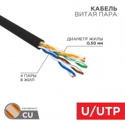 Кабель витая пара U/UTP кат.5e 4х2х24AWG solid CU PE OUTDOOR черн. 305м (м) Rexant 01-0045 01-0045