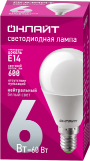 Лампа светодиодная 71 644 OLL-G45-6-230-4K-E14 6Вт шар 4000К нейтр. бел. E14 470лм 220-240В ОНЛАЙТ 71644 71644