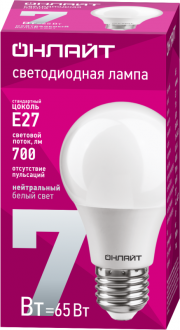 Лампа светодиодная 71 648 OLL-A60-7-230-4K-E27 7Вт грушевидная 4000К нейтр. бел. E27 610лм 176-264В ОНЛАЙТ 71648 71648