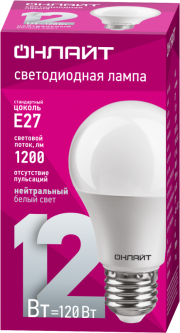 Лампа светодиодная 71 655 OLL-A65/А60-12-230-4K-E27 12Вт грушевидная 4000К нейтр. бел. E27 1000лм 176-264В ОНЛАЙТ 71655 71655