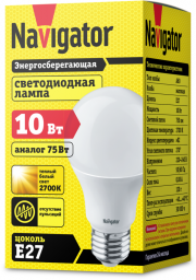 Лампа светодиодная 94 387 NLL-A60-10-230-2.7K-E27 10Вт грушевидная 2700К тепл. бел. E27 750лм 170-260В Navigator 94387 94387