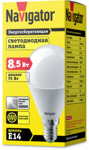 Лампа светодиодная 61 334 NLL-G45-8.5-230-4K-E14 8.5Вт шар матовая 4000К нейтр. бел. E14 680лм 176-264В Navigator 61334 61334