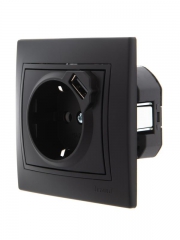 Розетка 1-м СП Mira 16А с заземл. + USB разъем черн. бархат LEZARD 701-4242-181 701-4242-181