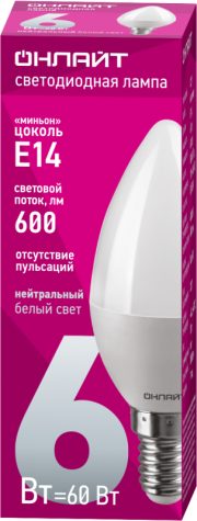 Лампа светодиодная 71 629 OLL-C37-6-230-4K-E14-FR 6Вт свеча 4000К нейтр. бел. E14 470лм 176-264В ОНЛАЙТ 71629 71629