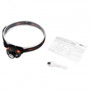 Фонарь аккумуляторный налобный AccuH1-L5WZ-og zoom LED 5Вт + 2хRED SMD IP54 5 режимов: 100проц. 180лм 3.5ч/50проц. 110лм 5.5ч/30проц. 65лм 15ч/красн. 28ч/мигающ. красн. 12ч аккум. 0.8А.ч управл. жестами черн./оранж. JazzWay 5036611 5036611