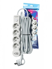 Удлинитель 3х5м с заземл. 10А IP20 USB 2500Вт 220В ПВС 3х1 с выкл. бел. КОСМОС YKsm5m4g-Z-VU10А-W YKsm5m4g-Z-VU10A-W