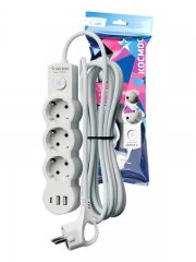 Удлинитель 3х3м с заземл. 10А IP20 USB 2800Вт 220В ПВС 3х1 с выкл. бел. КОСМОС YKsm3m3g-Z-VU10А-W YKsm3m3g-Z-VU10A-W