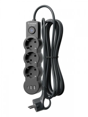 Удлинитель 3х5м с заземл. 10А IP20 USB 2800Вт 220В ПВС 3х1 с выкл. черн. КОСМОС YKsm5m3g-Z-VU10А-B YKsm5m3g-Z-VU10A-B