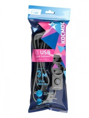 Удлинитель 3х3м с заземл. 10А IP20 USB 2800Вт 220В ПВС 3х1 с выкл. черн. КОСМОС YKsm3m3g-Z-VU10А-B YKsm3m3g-Z-VU10A-B