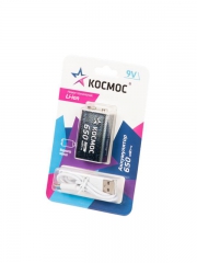 Аккумулятор крона Li-ion 9В 650мАч (блист.1шт) КОСМОС KOCLi9V650mAh1BL KOCLi9V650mAh1BL
