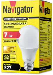Лампа светодиодная 94 385 NLL-A60/A55-7-230-2.7K-E27 7Вт грушевидная 2700К тепл. бел. E27 525лм 220-240В Navigator 94385 94385