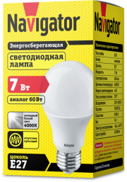 Лампа светодиодная 94 386 NLL-A60-7-230-4K-E27 7Вт грушевидная 4000К нейтр. бел. E27 560лм 170-260В NAVIGATOR 94386 94386