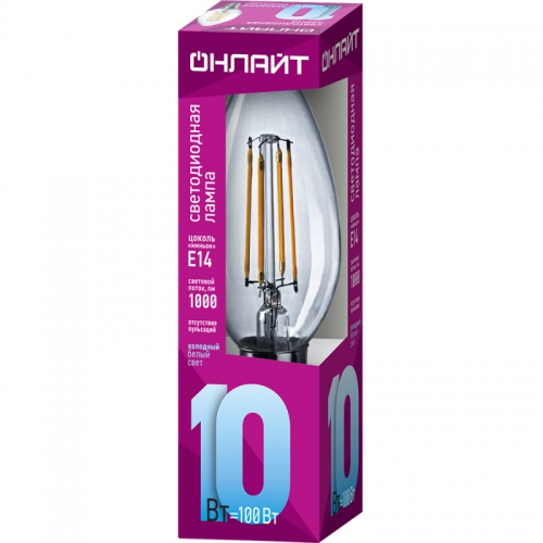 Лампа светодиодная филаментная 80 895 OLL-F-C35-10-230-4K-E14 10Вт свеча прозрачная 4000К нейтр. бел. E14 1000лм 220-240В ОНЛАЙТ 80895 80895
