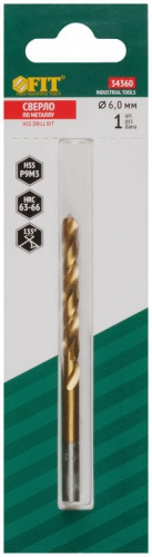Сверло по металлу HSS 6мм титан. покрытие (блист.) FIT 34360 34360