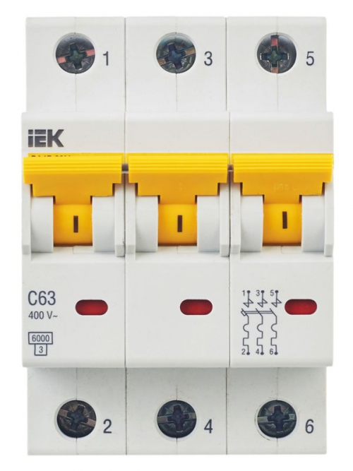 Выключатель автоматический модульный 3п C 63А 6кА ВА47-60M IEK MVA31-3-063-C MVA31-3-063-C