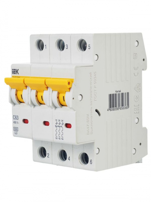 Выключатель автоматический модульный 3п C 63А 6кА ВА47-60M IEK MVA31-3-063-C MVA31-3-063-C