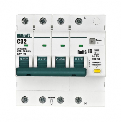 Выключатель автоматический дифференциального тока (АВДТ) 3P+N 32А 30мА AC х-ка C ДИФ-103 6кА DEKraft 16404DEK 16404DEK