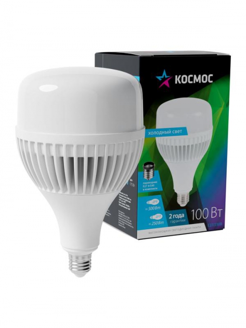 Лампа светодиодная высокомощная HWLED 100Вт 6500К холод. бел. E27 220В (переходник с E27 на E40 в компл.) КОСМОС LksmHWLED100WE2765 LksmHWLED100WE2765