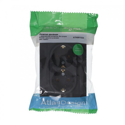 Розетка 2-м Atlas Design с заземл. 16А в сборе карбон SchE ATN001024 ATN001024