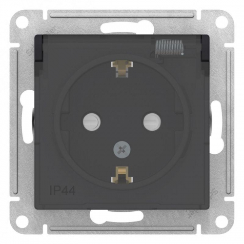 Розетка 1-м СП AtlasDesign Aqua 16А IP44 с заземл. защ. шторки с прозр. крышкой механизм карбон SE ATN441046 ATN441046