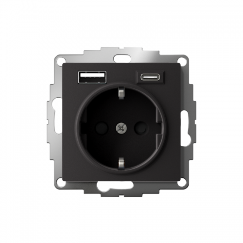 Розетка AtlasDesign 16А с 2-мя заряд. устройствами USB тип A+C 5В/2.4А 2х5В/1.2А механизм карбон SchE ATN001032 ATN001032