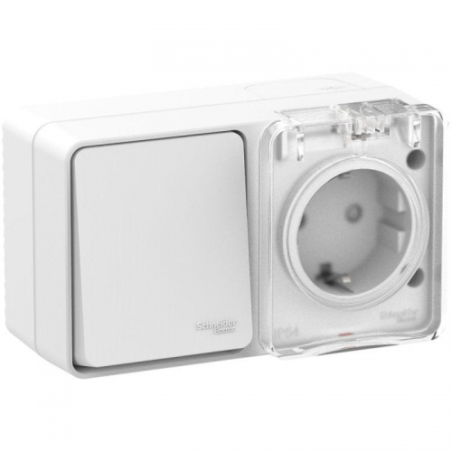 Блок ОП AtlasDesign Profi54 (розетка 16А 250В с заземл. защ. шторки + 1-кл. выкл. 10А) IP54 бел. SE ATN540170 ATN540170
