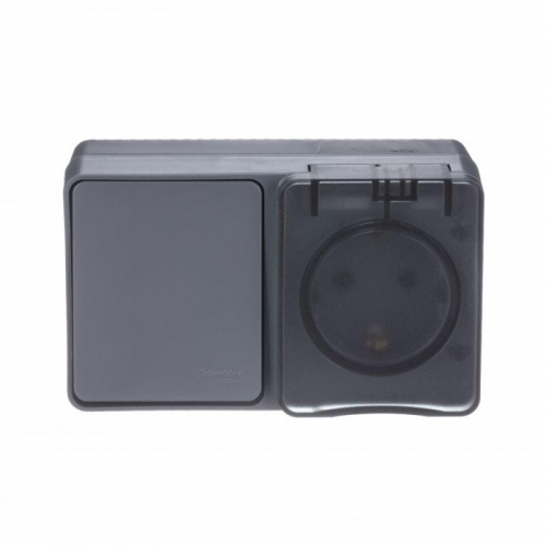 Блок ОП AtlasDesign Profi54 (розетка 16А 250В с заземл. защ. шторки + 1-кл. выкл. 10А) IP54 антрацит SE ATN544070 ATN544070