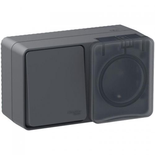 Блок ОП AtlasDesign Profi54 (розетка 16А 250В с заземл. защ. шторки + 1-кл. выкл. 10А) IP54 антрацит SE ATN544070 ATN544070