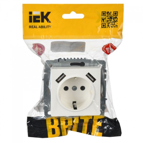 Розетка BRITE РЮш10-1-БрБ 16А с USB A+A 2.1А с заземл. защ. шторки бел. IEK BR-R14-16-U21-D21-K01 BR-R14-16-U21-D21-K01