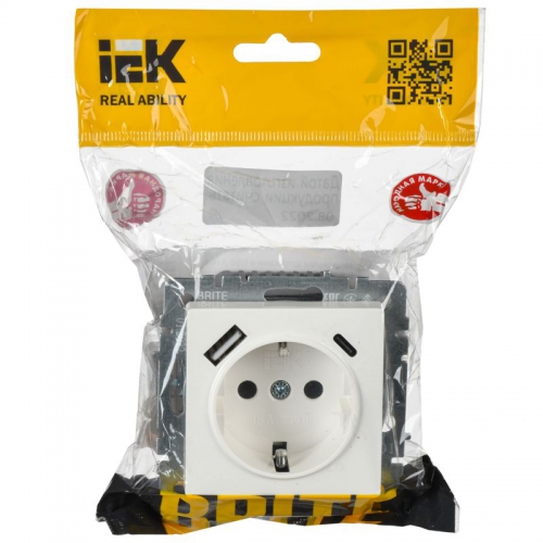 Розетка BRITE РЮш11-1-БрБ 16А с USB A+C 18Вт с заземл. защ. шторки бел. IEK BR-R14-16-U22-018-K01 BR-R14-16-U22-018-K01