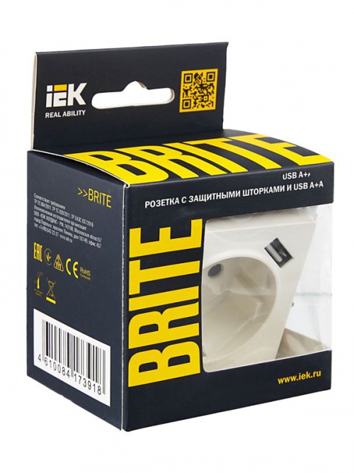 Розетка BRITE РЮш10-2-БрБ 16А с USB A+A 3.1А с заземл. защ. шторки бел. IEK BR-R14-16-U21-D31-K01 BR-R14-16-U21-D31-K01