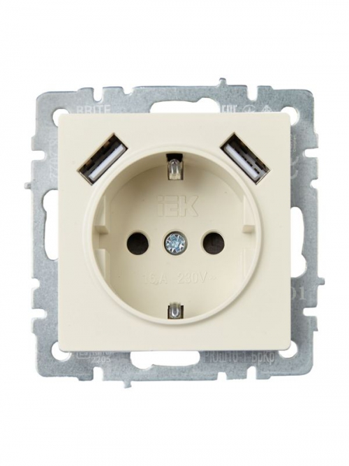 Розетка BRITE РЮш10-1-БрКр 16А с USB A+A 2.1А с заземл. защ. шторки беж. IEK BR-R14-16-U21-D21-K10 BR-R14-16-U21-D21-K10
