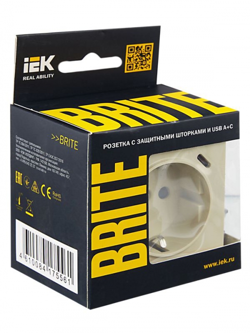Розетка BRITE РЮш11-1-БрКр 16А с USB A+C 18Вт с заземл. защ. шторки беж. IEK BR-R14-16-U22-018-K10 BR-R14-16-U22-018-K10