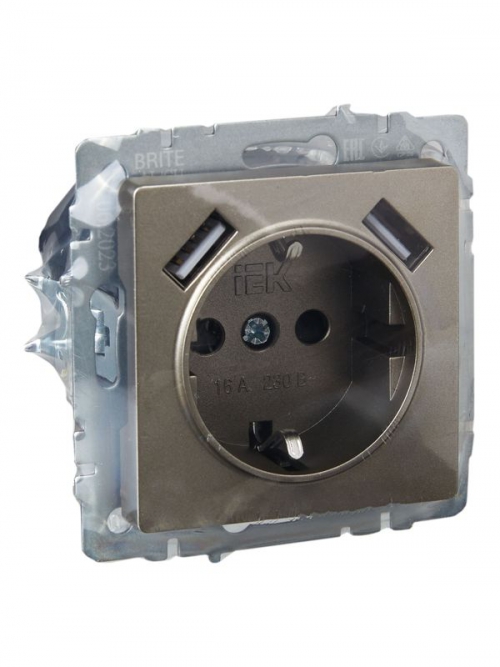 Розетка BRITE РЮш10-1-БрШ 16А с USB A+A 2.1А с заземл. защ. шторки шампань IEK BR-R14-16-U21-D21-K37 BR-R14-16-U21-D21-K37