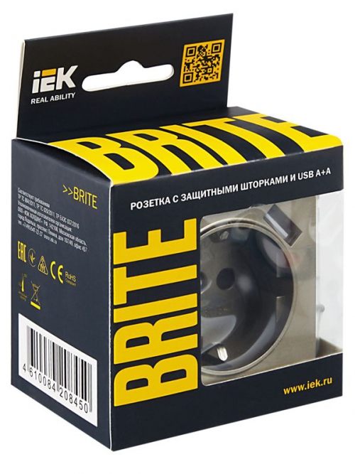 Розетка BRITE РЮш10-1-БрШ 16А с USB A+A 2.1А с заземл. защ. шторки шампань IEK BR-R14-16-U21-D21-K37 BR-R14-16-U21-D21-K37