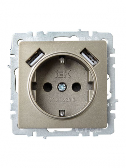 Розетка BRITE РЮш10-2-БрШ 16А с USB A+A 3.1А с заземл. защ. шторки шампань IEK BR-R14-16-U21-D31-K37 BR-R14-16-U21-D31-K37