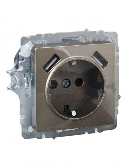 Розетка BRITE РЮш10-2-БрШ 16А с USB A+A 3.1А с заземл. защ. шторки шампань IEK BR-R14-16-U21-D31-K37 BR-R14-16-U21-D31-K37