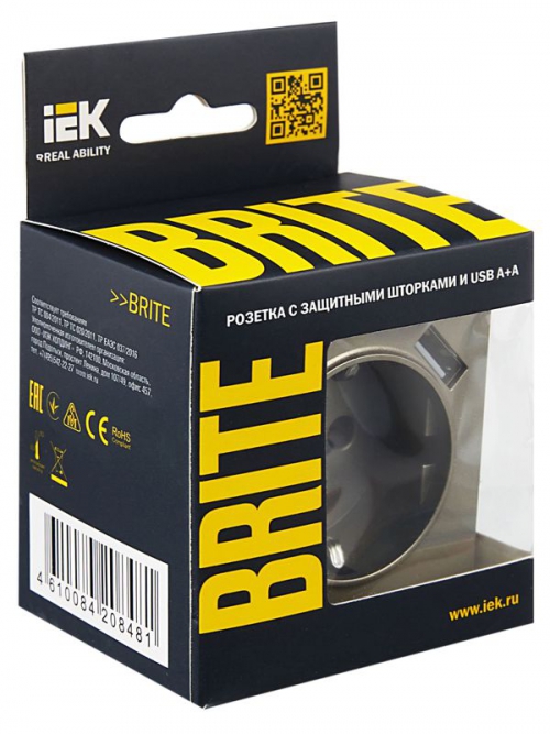 Розетка BRITE РЮш10-2-БрШ 16А с USB A+A 3.1А с заземл. защ. шторки шампань IEK BR-R14-16-U21-D31-K37 BR-R14-16-U21-D31-K37