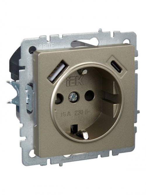 Розетка BRITE РЮш11-1-БрШ 16А с USB A+C 18Вт с заземл. защ. шторки шампань IEK BR-R14-16-U22-018-K37 BR-R14-16-U22-018-K37