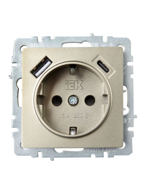 Розетка BRITE РЮш11-1-БрШ 16А с USB A+C 18Вт с заземл. защ. шторки шампань IEK BR-R14-16-U22-018-K37 BR-R14-16-U22-018-K37