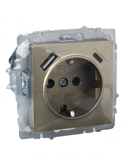 Розетка BRITE РЮш11-1-БрШ 16А с USB A+C 18Вт с заземл. защ. шторки шампань IEK BR-R14-16-U22-018-K37 BR-R14-16-U22-018-K37