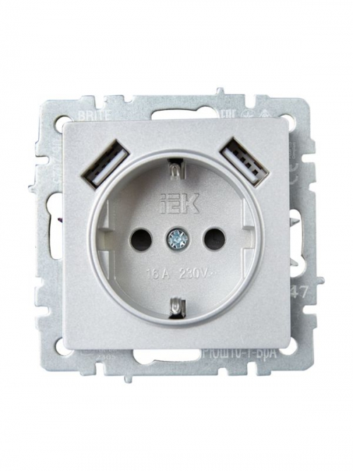 Розетка BRITE РЮш10-1-БрА 16А с USB A+A 2.1А с заземл. защ. шторки алюм. IEK BR-R14-16-U21-D21-K47 BR-R14-16-U21-D21-K47