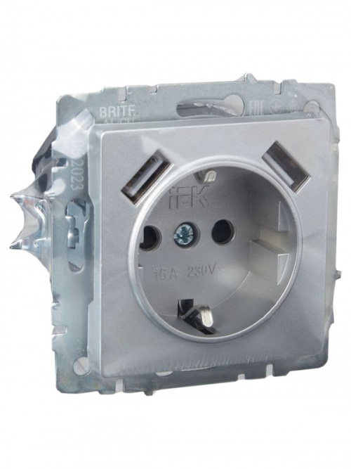 Розетка BRITE РЮш10-1-БрА 16А с USB A+A 2.1А с заземл. защ. шторки алюм. IEK BR-R14-16-U21-D21-K47 BR-R14-16-U21-D21-K47