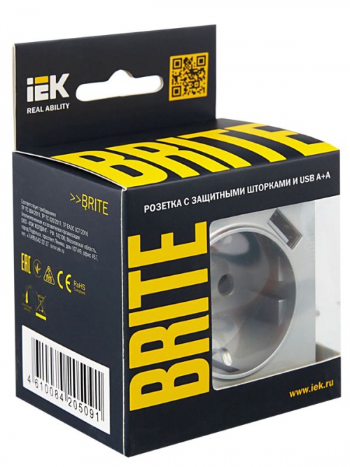 Розетка BRITE РЮш10-1-БрА 16А с USB A+A 2.1А с заземл. защ. шторки алюм. IEK BR-R14-16-U21-D21-K47 BR-R14-16-U21-D21-K47