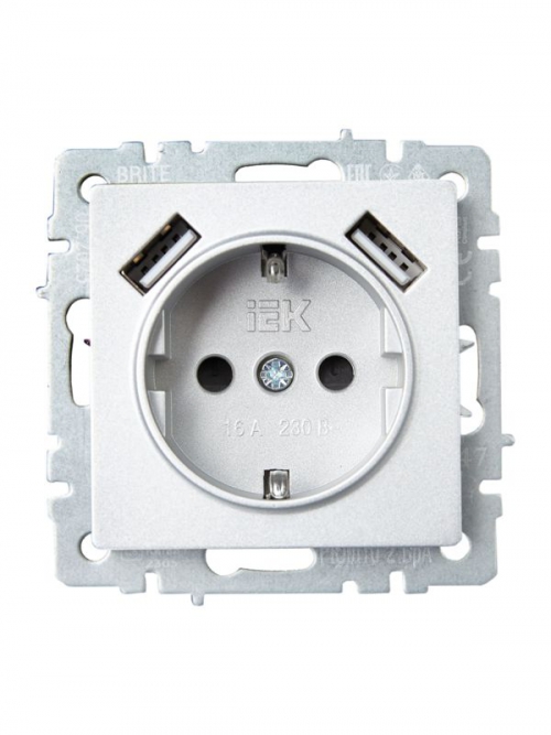 Розетка BRITE РЮш10-2-БрА 16А с USB A+A 3.1А с заземл. защ. шторки алюм. IEK BR-R14-16-U21-D31-K47 BR-R14-16-U21-D31-K47