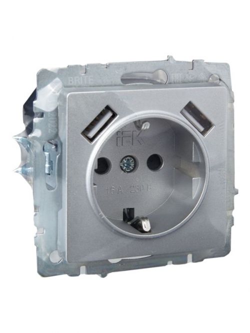 Розетка BRITE РЮш10-2-БрА 16А с USB A+A 3.1А с заземл. защ. шторки алюм. IEK BR-R14-16-U21-D31-K47 BR-R14-16-U21-D31-K47