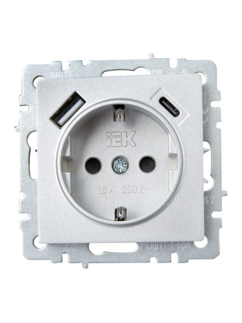 Розетка BRITE РЮш11-1-БрА 16А с USB A+C 18Вт с заземл. защ. шторки алюм. IEK BR-R14-16-U22-018-K47 BR-R14-16-U22-018-K47